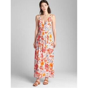 Gap Floral V-Neck Maxi Dress Pink Floral Lined Zipper Garden Summer Straps Sz 10